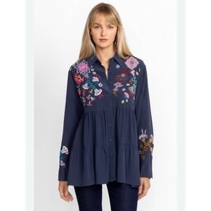 Johnny Was Alesa Tiered Embroidered 100% Silk Shirt Tunic Size Medium Boho